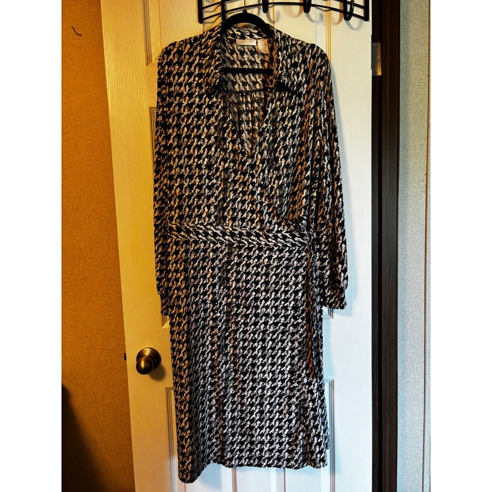 Worthington Woman Black White Houndstooth Wrap Midi Dress 18W Stretch L/S